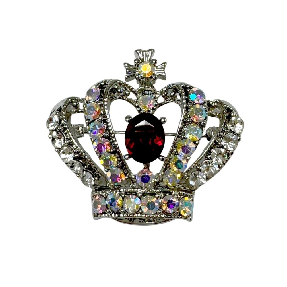 Crown Brooch Pin Austrian Crystals Red and Aurora Borealis AB Vintage 1990s